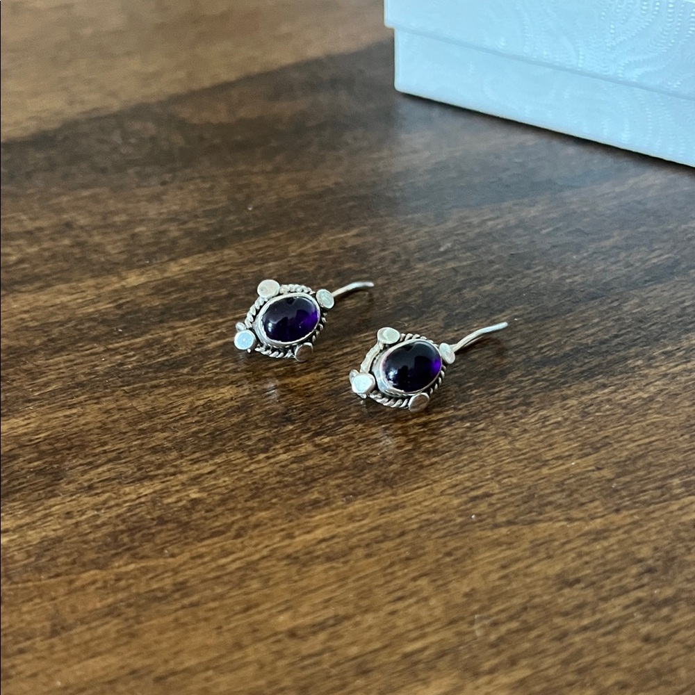 Vintage Silver Earrings with Purple Stones, With Box
